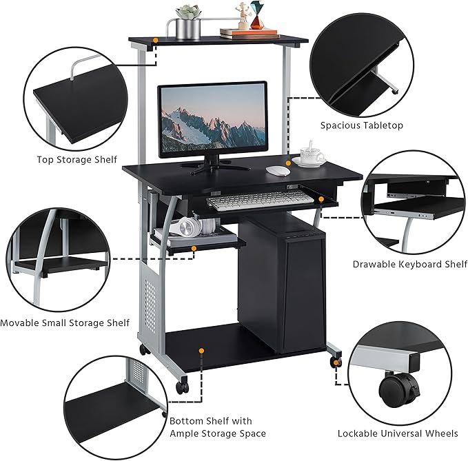 Topeakmart 3 Tier Computer Desk with Printer Shelf and Keyboard Tray, Home Office Desk Computer Workstation Rolling Study PC Laptop Table for Small Spaces Black