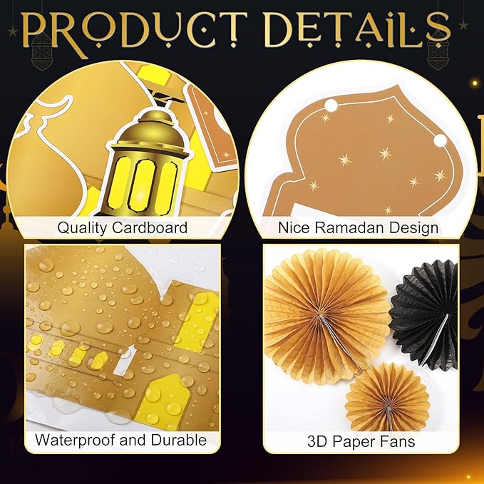 Ramadan Bulletin Board Decorations Set Hosgeldin Ramadan Classroom Decor with 3D Paper Fans Black Gold Mosque Eid Moon Star Lantern Cutouts for Wall Door Muslim Holiday Mubarak Eid Display