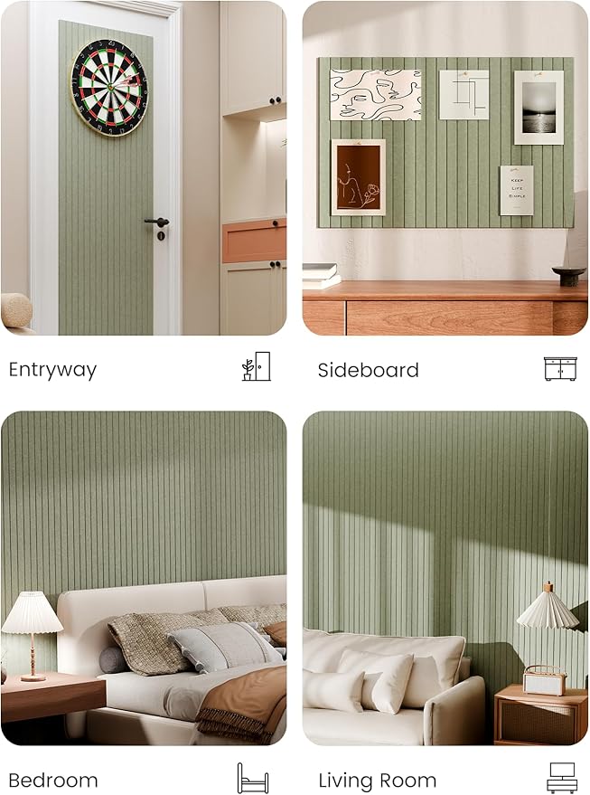 Bumusty Large Cork Board Alternative-36 x 24" Felt Bulletin Board Tiles, with 30 Pushpins, 40 Adhesive Tabs, 6-Pack Slat Wall Paneling, Cork Boards for Office Push Pin Board Felt Board-Sage