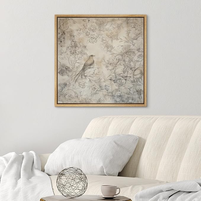 SIGNWIN Framed Canvas Print Wall Art Vintage Bird and Floral Sketch Delicate Pencil Drawing with Nature Elements Illustrations Decorative Relax/Zen for Living Room, Bedroom, Office - 16"x16" Natural