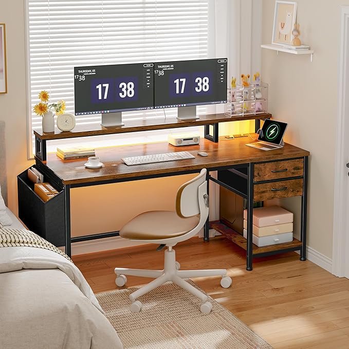 48" Computer Desk with LED Strip, Gaming Desk with Drawers & Storage Bag, Office Desk with Power Outlets & Monitor Stand, Home Office Desks for Bedroom, Gaming Room, Rustic Brown