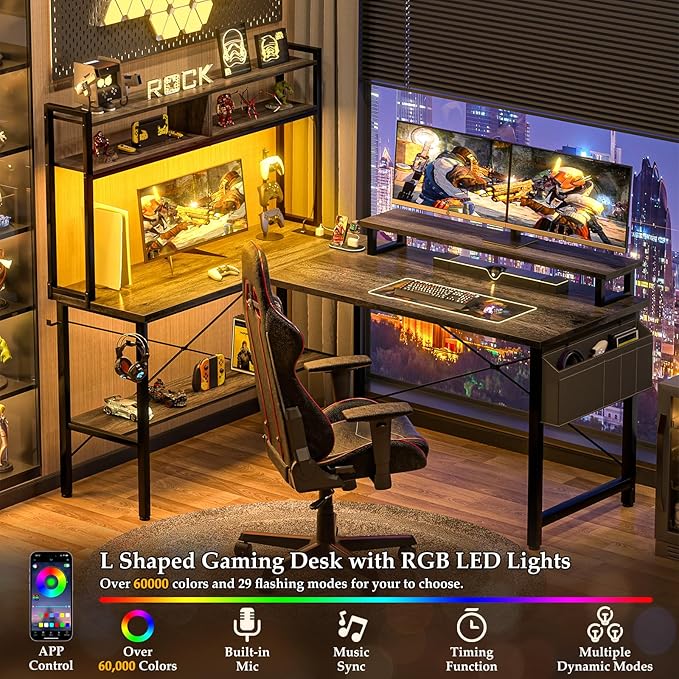 Aheaplus L Shaped Gaming Desk with Power Outlets & LED Lights, Small L- Shaped Desk Computer Corner Desk with Monitor Stand & Storage Shelf, Home Office Desk Writing Desk with Storage Bag, Grey Oak