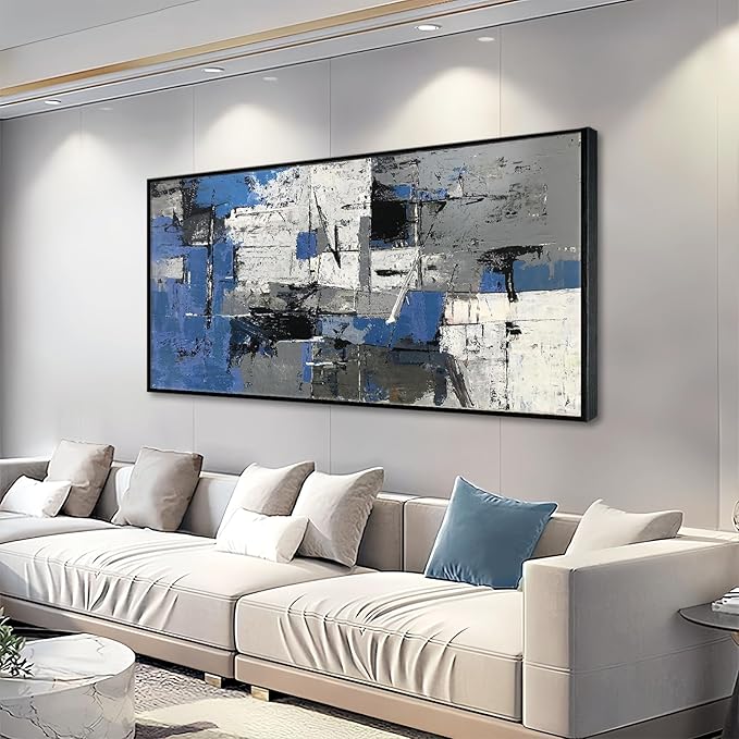 Blue Abstract Canvas Wall Art for Living Room, Modern Bedroom & Gray Decor for Work Blue & Black Textured Paintings Pictures Wall Decor 20" x 40"(Framed)