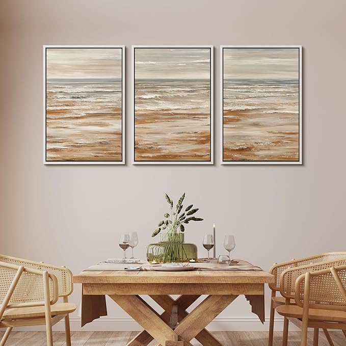 MUDECOR Framed Wall Art Print Set Neutral Coastal Seascape Minimalist Ocean Waves and Sandy Shore Illustrations Modern Art Boho Decorative for Living Room, Bedroom, Office - 16"x24"x3 WHITE