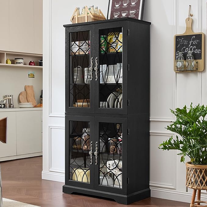 67" Tall Bookshelf Set of 3, Vintage Book Shelf with Glass Doors, 5-Tier Wood Bookcase w/Adjustable Storage Shelves, Freestanding Rustic Curio Display Cabinet for Living Room, Office, Black