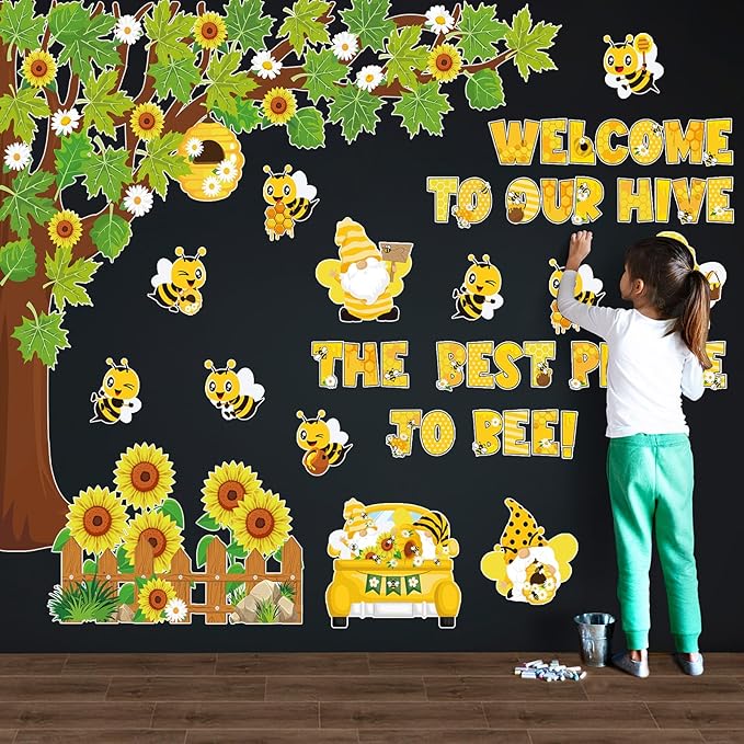 Pajean 104 Pcs Classroom Tree Bulletin Board Set Bee Sunflower Bulletin Boards Decoration Cutouts Spring Summer Tree Leaves Cutout for Classroom Window Wall Home Office School Decor