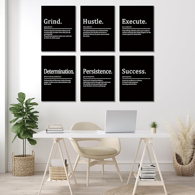 COSCTOR Set of 6 Grind Hustle Execute Determination Persistence Success Motivational Wall Art Picture Decor Canvas Framed for Office Workplace Gym Garage Inspirational Home Posters Ready to Hang(Framed,20x30)