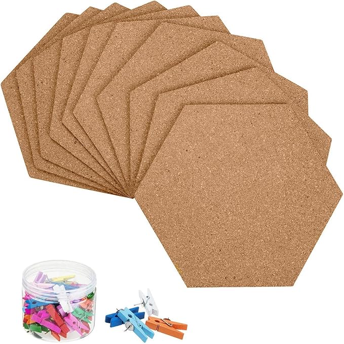HBlife 10 Pack Hexagon Self-Adhesive Cork Board Tiles Mini Wall Bulletin Board with 50 Multi-Color Push Pins 12" x 10"