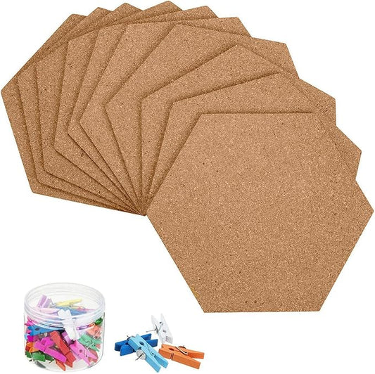 HBlife 10 Pack Hexagon Self-Adhesive Cork Board Tiles Mini Wall Bulletin Board with 50 Multi-Color Push Pins 12" x 10"