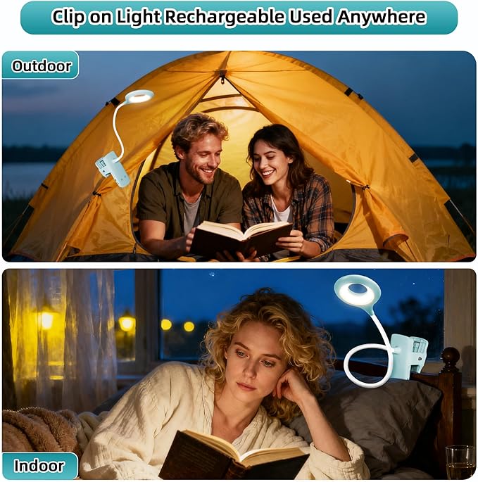 Desk Lamp LED Clip on Light, 5 Modes 5 Brightness Dimmable Clamp Light, Rechargeable Battery Flexible Clip on Reading Lamp for Bed Headboard Bunk Bed at Night for Kids (Blue)