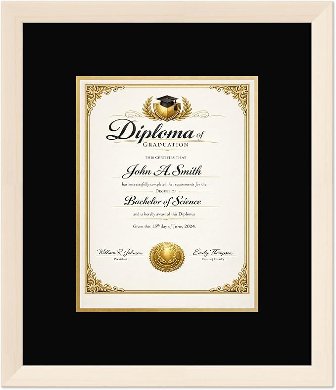 CountryArtHouse Diploma Frame Fits 8.5 x 11 Certificate (Portrait) - Keepsake Graduation Display Coastal Whitewash Genuine Hardwood with Black Over Metallic Gold Double mat