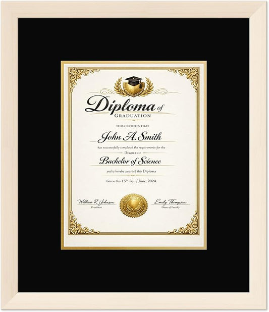 CountryArtHouse Diploma Frame Fits 8.5 x 11 Certificate (Portrait) - Keepsake Graduation Display Coastal Whitewash Genuine Hardwood with Black Over Metallic Gold Double mat