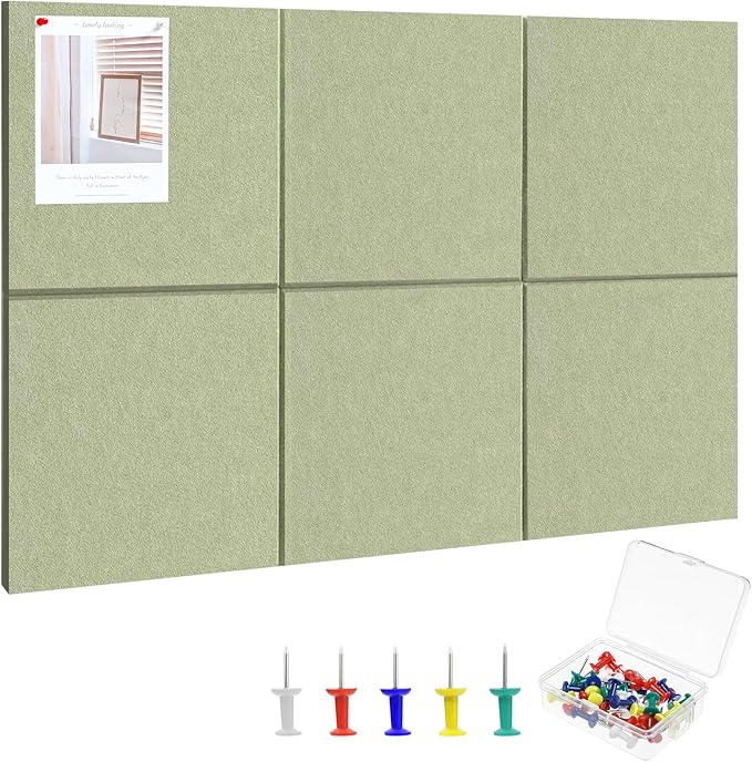 Large Cork Board 36" x 24", 6 Pack Felt Wall Tiles with Colored Pushpins, Bulletin Board with 40 Safe Removable Adhesive Tabs, Pin Board Cork Boards for Walls Home Office Decor - Sage