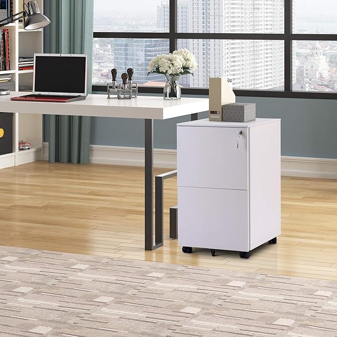 2 Drawer Locking File Cabinet with Wheels, Mobile Metal Filing Cabinet for Home and Office, Steel, White