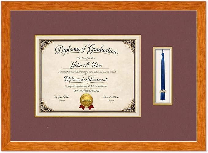 Diploma Frame with Tassel Holder Honey Oak Shadowbox Dark Red Over Gold Mat - Fits 11 x 8.5 Degree Made in the USA