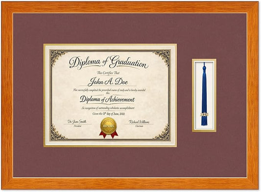 Diploma Frame with Tassel Holder Honey Oak Shadowbox Dark Red Over Gold Mat - Fits 11 x 8.5 Degree Made in the USA