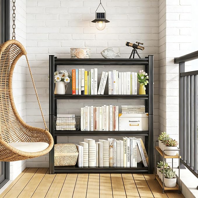 45" W Book Shelf 4-Tier Adjustable Heavy Duty Metal Wide Book Shelves Modern Tall Bookshelf Storage Shelving Organizer for Living Room, Bedroom, Home, Office, Black (63" H*18" D*45.3" W)