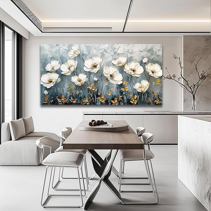 QIYILEXWART Canvas Wall Art For Living Room Large Wall Decor For Office Bedroom Decorations Textured White Flower Landscape Pictures Farmhouse Painting Artwork Room Wall Mural Aesthetic Home Decor 30x60 In