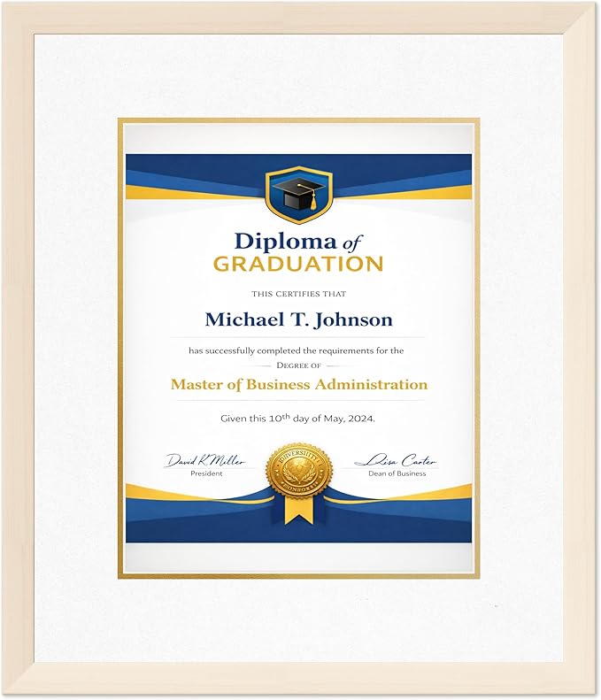 Diploma Frame Coastal Whitewash with Oyster Shell Over Gold Double Mat - Fits 11 x 14 College Diploma (Portrait) Wall Display Made in the USA