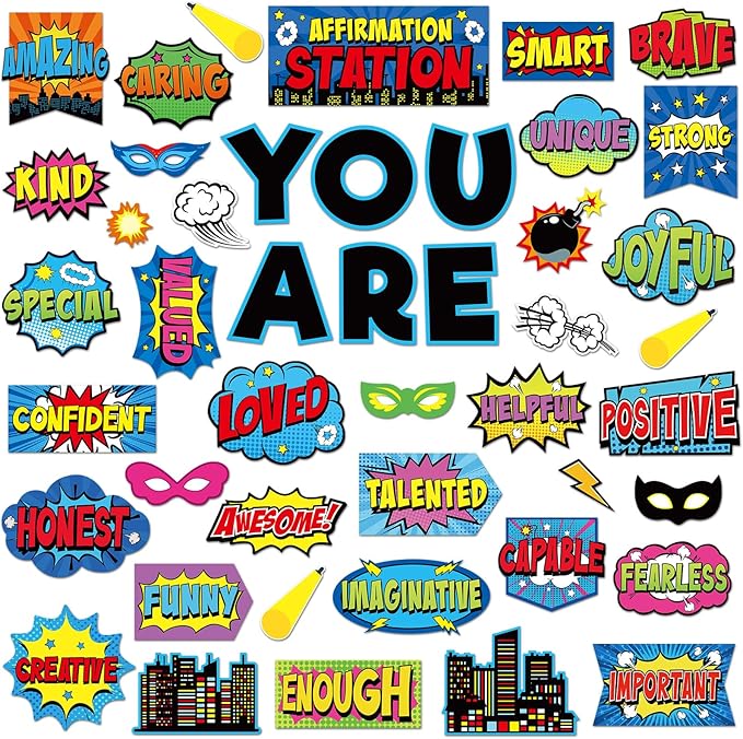 45 Pcs Hero Affirmation Station Bulletin Board Set Motivational Posters Classroom Mirror Growth Mindset Decor Positive Affirmations Accents Cutouts for School Office Home Teacher Wall