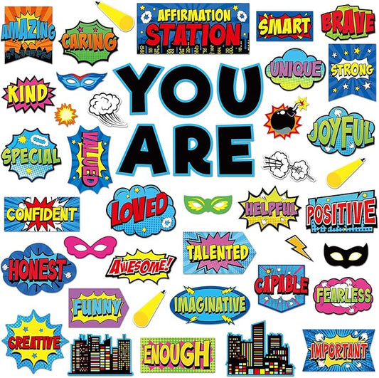45 Pcs Hero Affirmation Station Bulletin Board Set Motivational Posters Classroom Mirror Growth Mindset Decor Positive Affirmations Accents Cutouts for School Office Home Teacher Wall