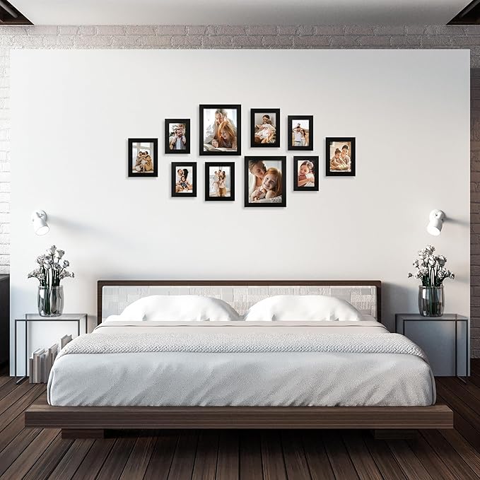 iRahmen Collage Picture Frames Set of 10, Wall Decor for Mounting or Tabletop Display, Family Photo Gallery Frame Set - Multi Sizes Including Two 8x10, Four 5x7, Four 4x6, HD Glass, Rustic Wood