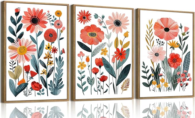 KISSFOX Colorful Wildflower Canvas Wall Art Set Of 3 Flowers Pictures Prints Flowers Printing Floral Watercolors Flower wall Decor Living Room Girls Bedroom Bathroom (Blue Orange, 12"x16" Natural Framed, Framed)