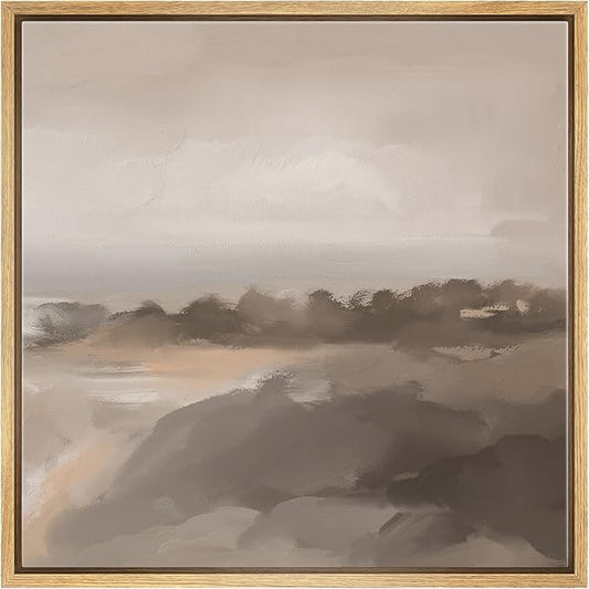 SIGNWIN Framed Canvas Print Wall Art Soft Neutral Coastal Landscape Tranquil Seaside Scene in Warm Beige Tones Illustrations Decorative Relax/Zen for Living Room, Bedroom, Office - 16"x16" Natural