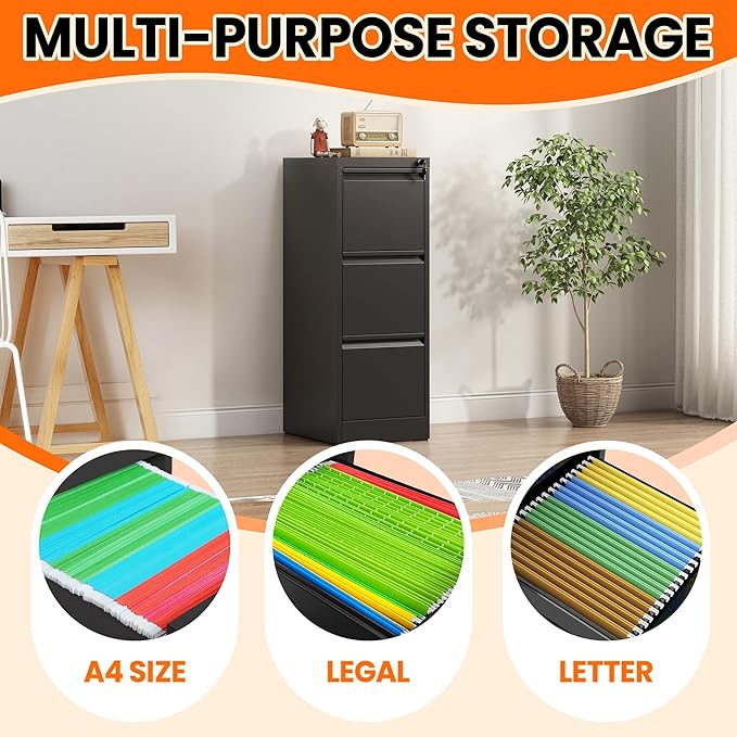 3 Drawer File Cabinet with Lock, Metal Filing Cabinet for Home Office, Vertical File Cabinet for Letter/Legal/A4/F4 Documents, Easy to Assemble Steel Storage Cabinet