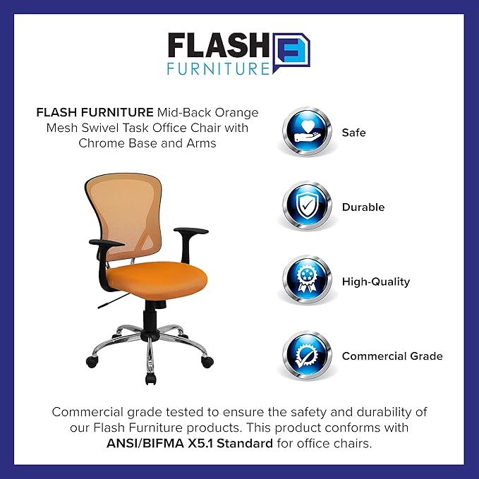 Flash Furniture Alfred Mid-Back Orange Mesh Swivel Task Office Chair with Chrome Base and Arms