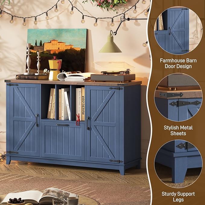 Lateral File Cabinet with Drawer, Farmhouse File Cabinet for Letter/a4/Legal Size Hanging Files, Large Wood File Storage Cabinets Printer Stand for Home Office Cabinets, Navy Blue