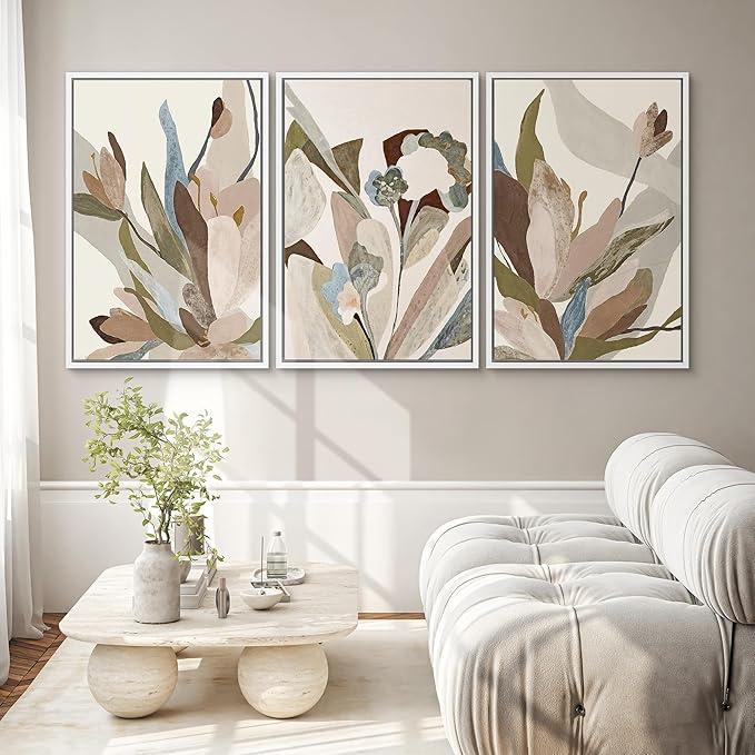 SIGNWIN Framed Canvas Print Wall Art Set Botanical Abstract Earthy Neutral Floral Illustrations Modern Art Decorative Boho Relax/Zen Nordic for Living Room, Bedroom, Office - 24"x36"x3 White