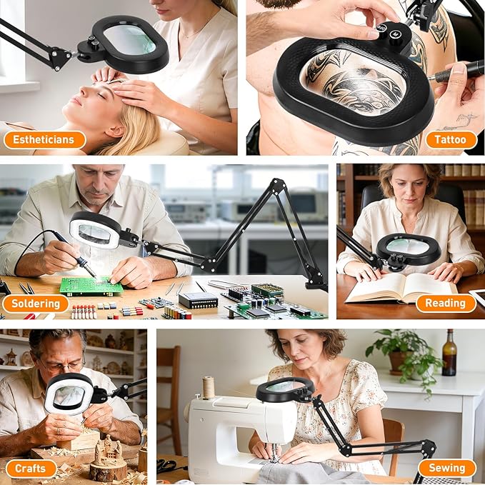 12X Magnifying Glass with Light, Three-axis Rotation Infinite Color Dimmable Magnifying Lamp, Large Lighted Magnifier Workbench Light for Close Work, Craft, Reading,Sewing(12X 35in Oval Clamp)