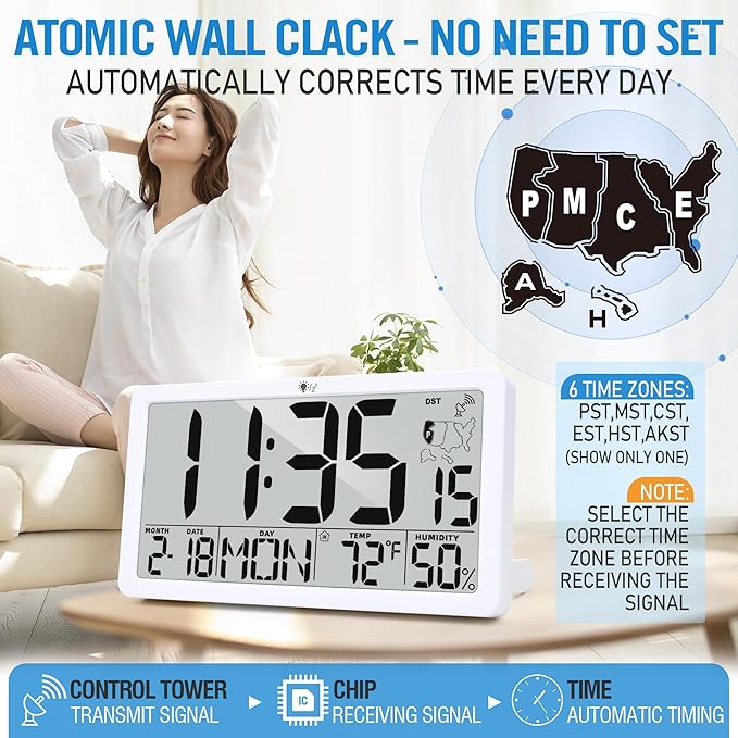 TXL Atomic Digital Wall Clock, Battery Operated with Temperature & Humidity, Auto DST, Date & Weekday, Easy Set Alarm, for Living Room, Bedroom, Office & Classroom (White)