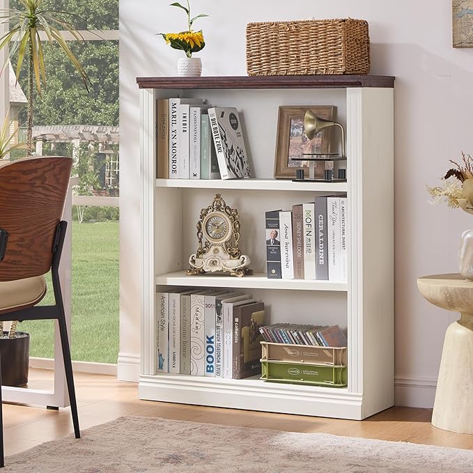43" White Tall Bookshelf Set of 3,3-Tier Thick Wooden Book Shelf with Adjustable Shelves,Free Standing Farmhouse Bookcase with Open Display Storage,Floor Vintage Bookshelves for Living Room