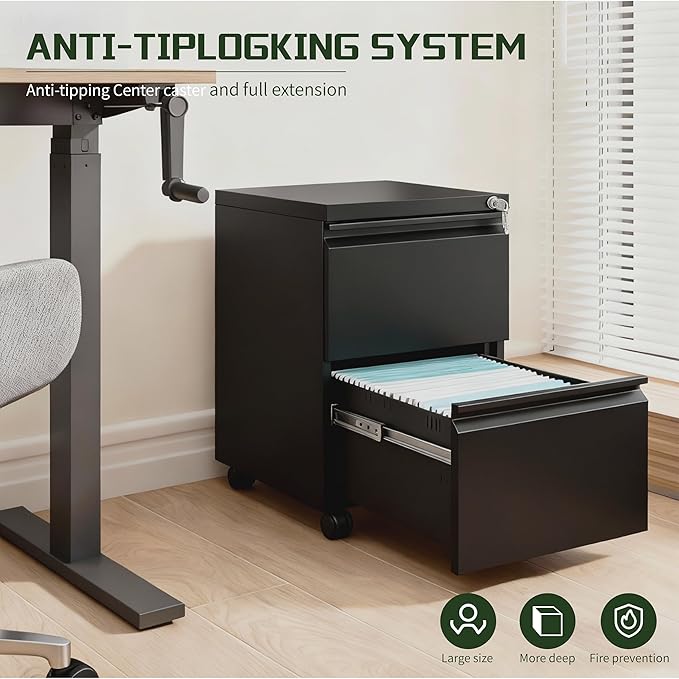 2 Drawer File Cabinet with Lock,Rolling Filing Cabinet with Wheels for Home Office,Under Desk Metal File Cabinet,Office Storage Organizer,Black