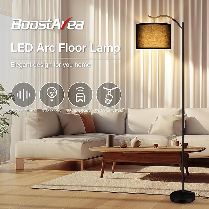 BoostArea Floor Lamp for Living Room,Arc Floor Lamp with Remote Control,Stepless Dimmable Brightness & Colors Temperature 2700k-6500k,Modern Standing Lamp for Bedroom Study Room Office,Black