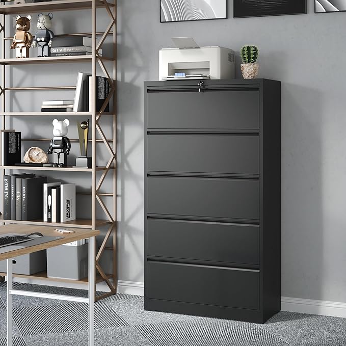 Lateral File Cabinet with Lock,5 Drawer Metal Filing Cabinets, Home Office Storage Cabinet for Hanging Files Letter/Legal/F4/A4 (Black)