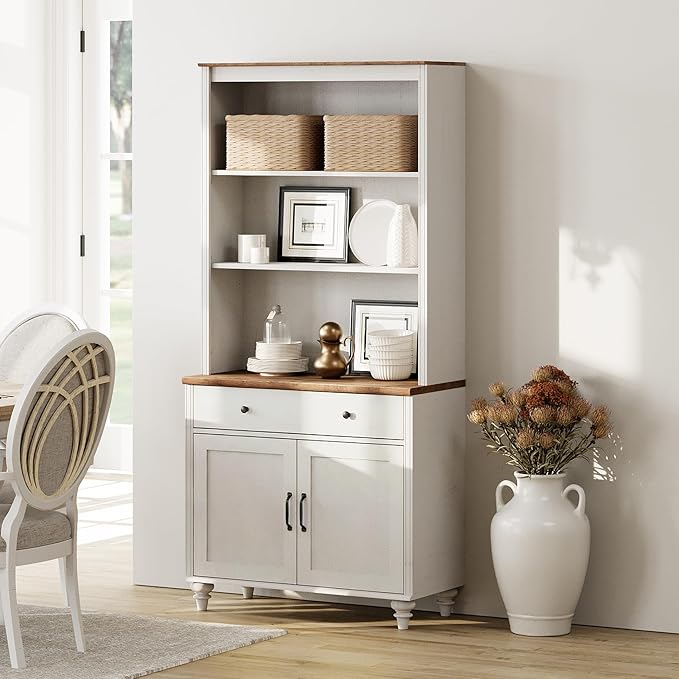 WAMPAT 5 Tier Bookshelf 72" Tall Bookcase with Barn Doors, Large Farmhouse Display Book Shelf with Wood Doors and Storage Cabinet，Library Wooden Bookshelves for Living Room, Office, Kitchen, White