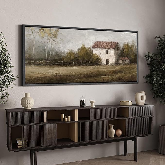 SIGNFORD Extra Large Framed Canvas Rustic Countryside House Landscape Illustrations Modern Art Calm Warm for Living Room, Bedroom, Office - 60"x30"