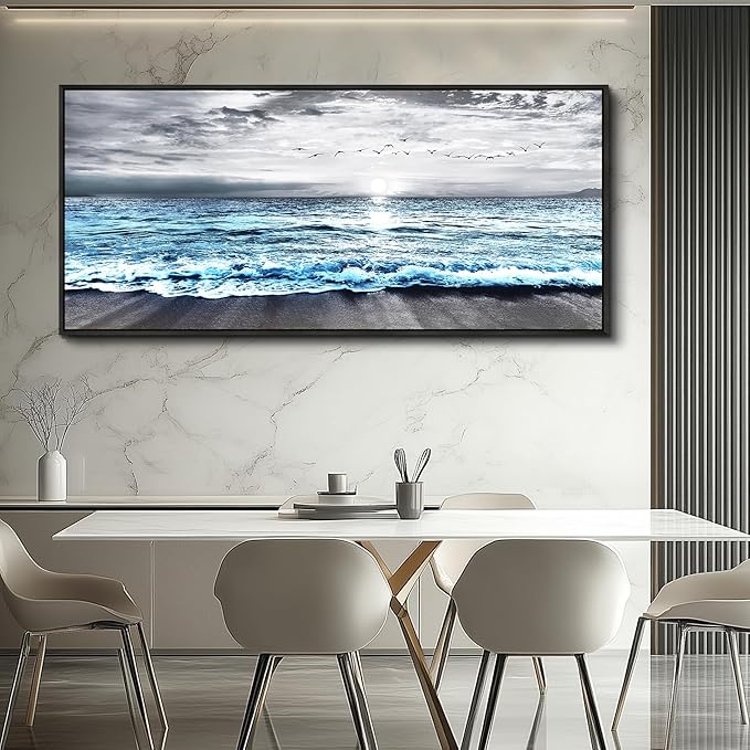 Wapluam Large Wall Art For Living Room Wall Decor For Office Black And White Painting Bedroom Wall Decorations Blue Sea Wave Pictures Artwork For Modern Black Framed Beach Canvas Prints Poster