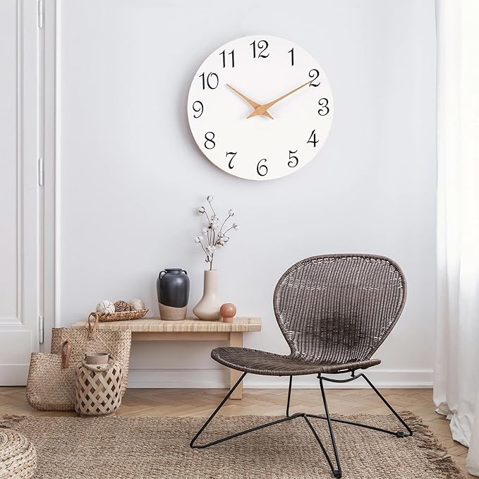 Mosewa Wall Clock White Silent Non Ticking Battery Operated Simple Minimalist Wooden Clock Decorative for Home Bedroom Living Room(14 Inch)