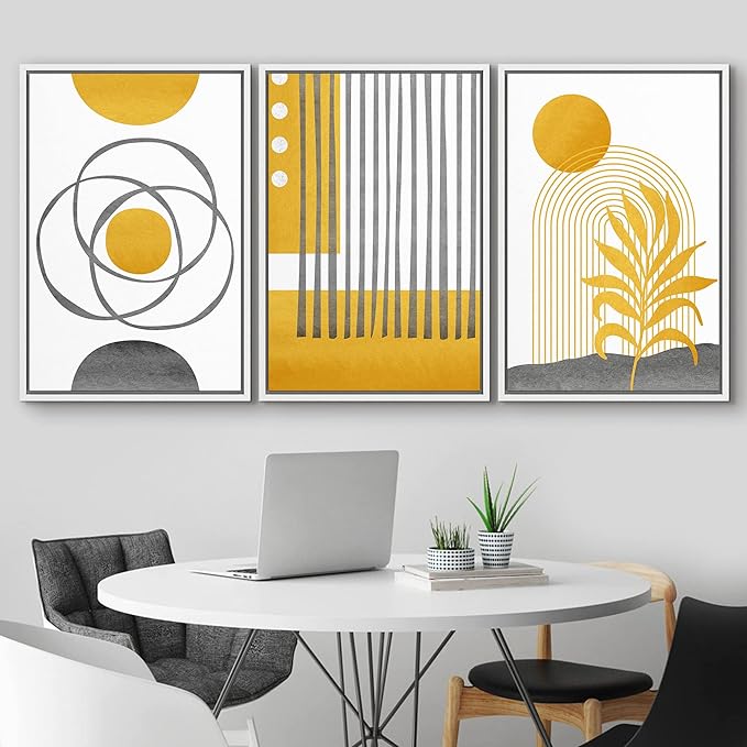 IDEA4WALL Framed Canvas Print Wall Art Set Geometric Mid-Century Gold Jungle Plant Polygons Abstract Shapes Illustrations Modern Art Nordic for Living Room, Bedroom, Office - 24"x36"x3 White