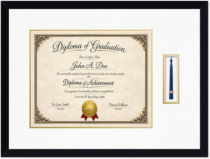 Diploma Frame with Tassel Holder Matte Black Shadowbox Oyster Shell Over Gold Mat - Fits 15 x 12 Degree Made in the USA