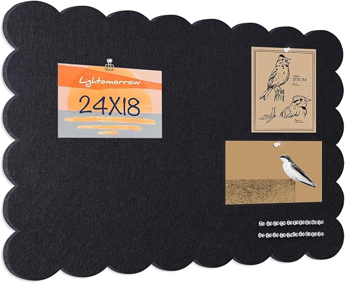 Scalloped Bulletin Board, 24 x 18 Inches Felt Pin Board - Decorative Cork Alternative for Wall, Foldable Picture Self-Adhesive Vision Prayer Board with 20 Pushpins - Black