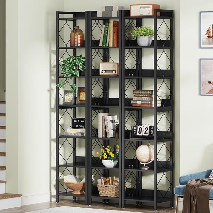 Tribesigns 78.7 Inch Extra Tall Narrow Bookshelf Set of 2, 7 Tier Skinny Bookcase for Small Spaces, Freestanding Display Shelves, Multifunctional Corner Storage Organizer for Home Office, Black