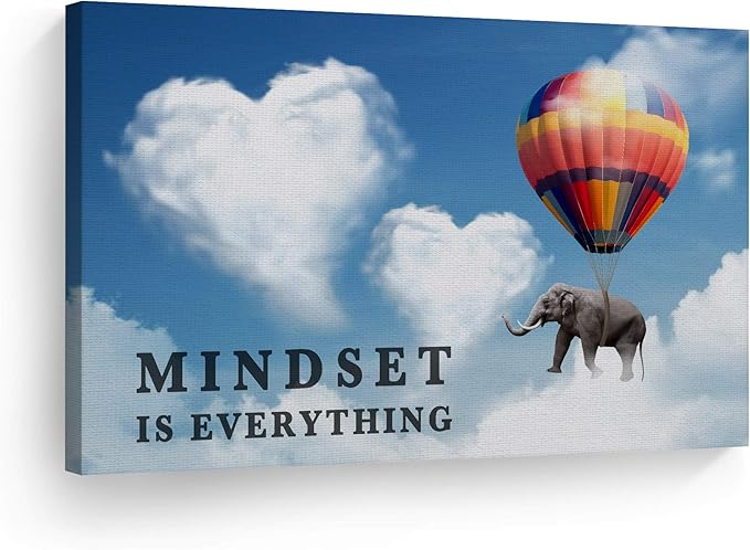 Smile Art Design Mindset is Everything Quote Elephant with Balloon Blue Sky Motivational Wall Art Canvas Print Inspirational Wall Art Entrepreneur Quote Office Decor Artwork Gift Ready to Hang 11x17