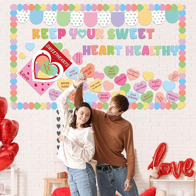 Valentine's Day Health Bulletin Board Set Health Habits Conversation Heart Classroom Decor Sweet Candy Heart Cutouts Pastel Bulletin Board Border for Holiday Party School Home Chalkboard Wall Decor