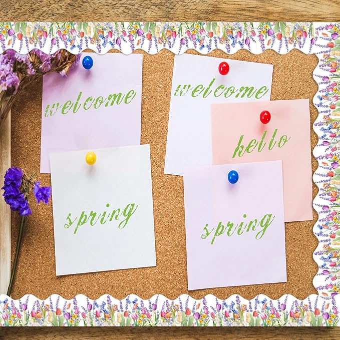Jexine 68.9 Feet Spring Flower Bulletin Board Borders Floral Classroom Scalloped Rolled Border Trim with Tulip Lavender Patterns Bulletin Boards Decorations for School Classroom School Whiteboard Wall