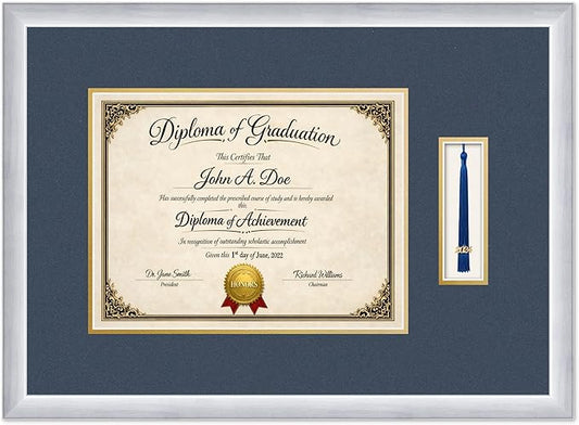 Diploma Frame with Tassel Holder 23.25 x 17 Stainless Silver Shadowbox Navy Blue Over Gold Mat - Fits 13 x 10 Degree Made in the USA
